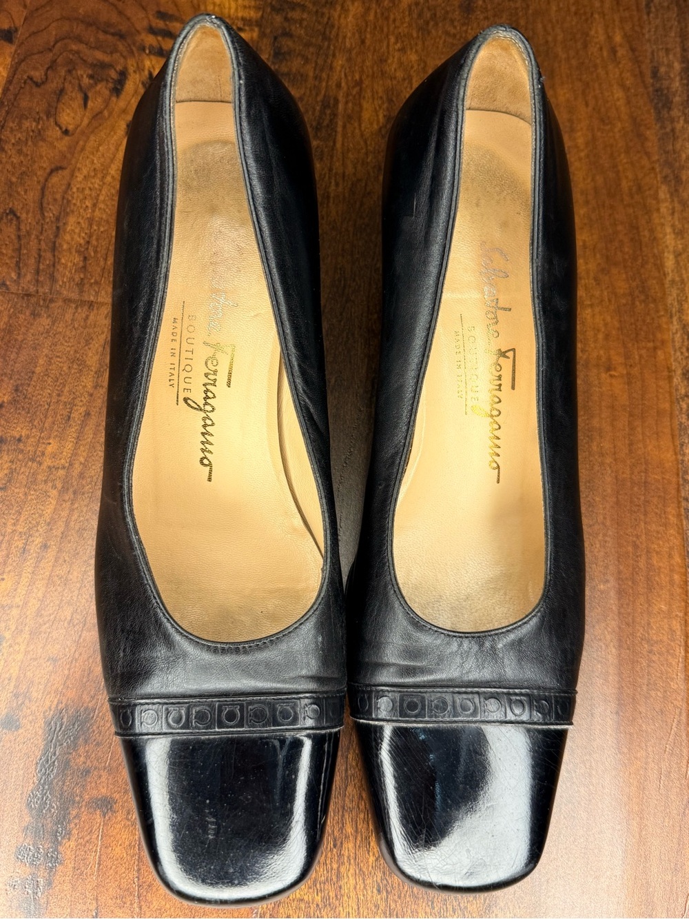 Salvatore Ferragamo Black Leather Square-Toe Pumps with Embossed Trim